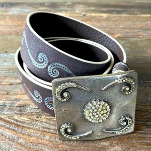 Guido Angeloni tooled leather belt w/ heavy silver rhinestoned buckle EUC size M